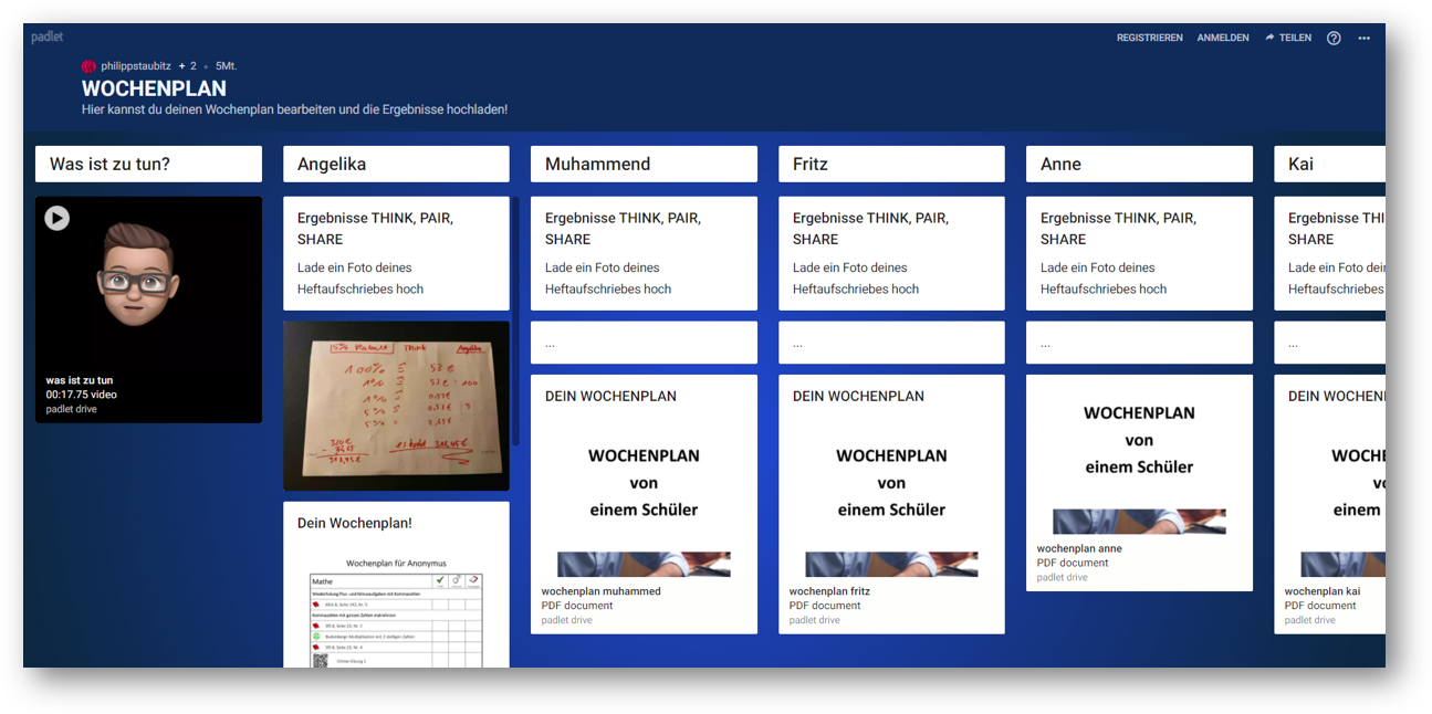 Screenshot eines digital umgesetzten Wochenplans mit Padlet.