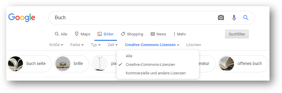 Screenshot der Google Bilder Suche mit Einstellungsmöglichkeit für Creative Commons Lizenzen