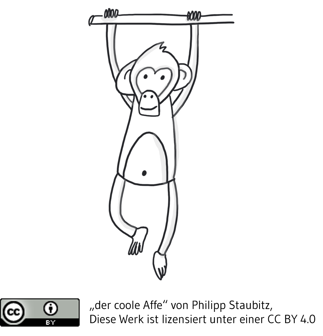 Das Bild zeigt einen Affen, der an einer Stange hängt. Es ist mit einer OER Lizenz im Bild gekennzeichnet.