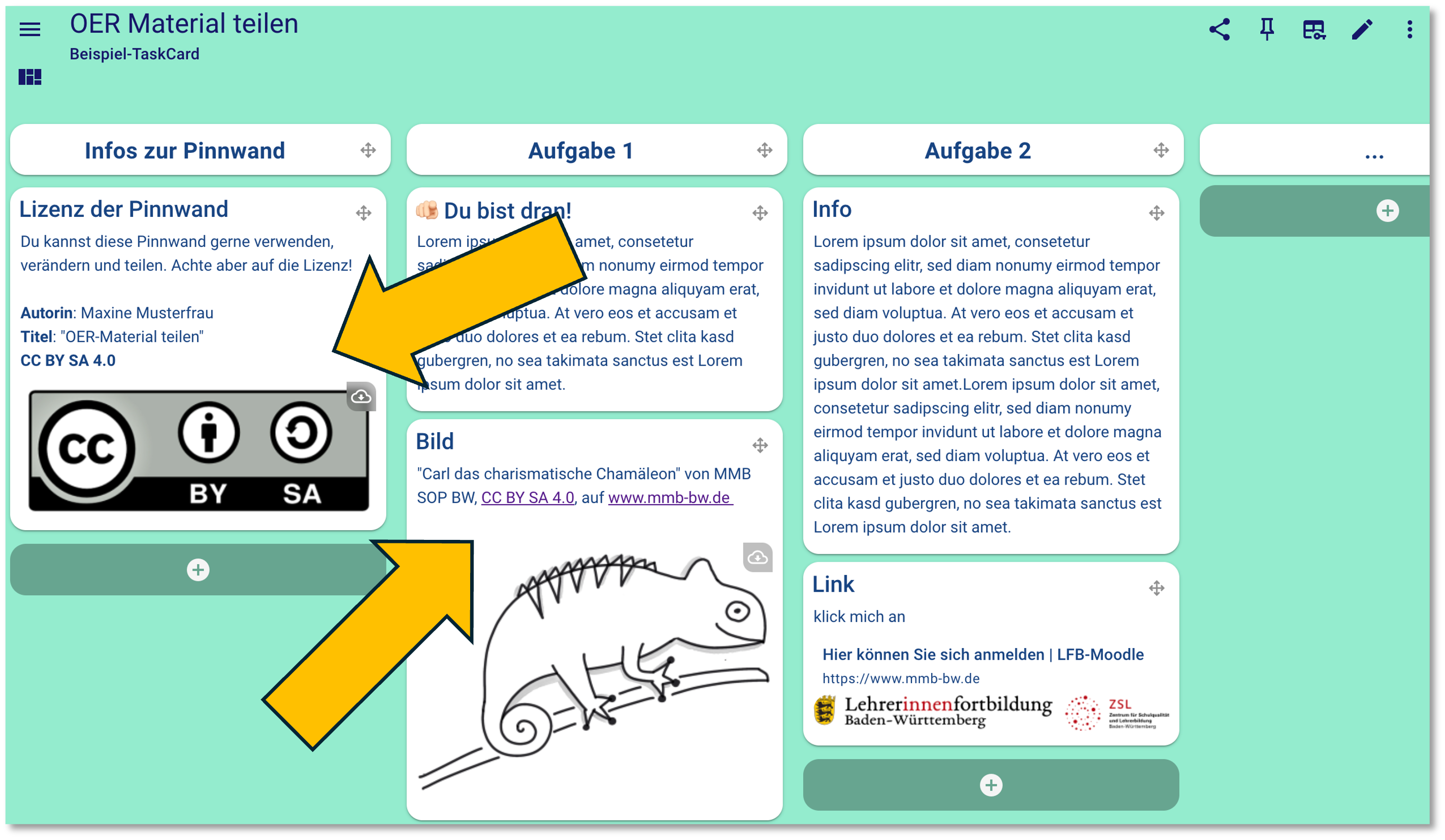 Bild zeigt eine TaskCard in der das Bild des Chamäleons samt Lizenzangabe eingefügt ist.